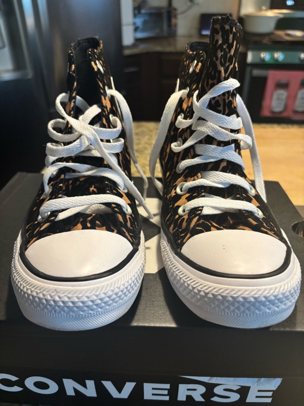 Converse High-Top Sneakers in Black and Brown Leopard Print